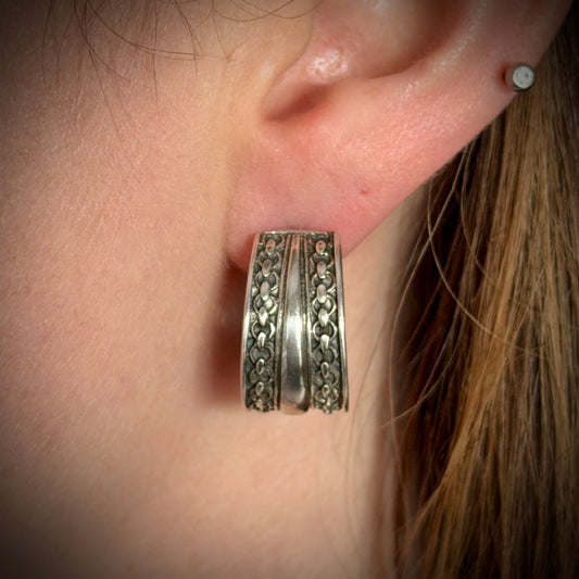 Chunky Silver Patterned Hoop Earrings