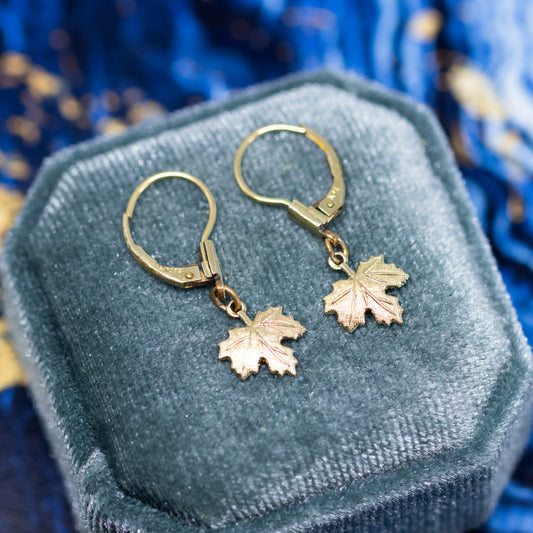 Maple Leaf Hinged Drop Earrings in Rolled Gold