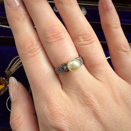 Art Deco Style Imitation Pearl & Marcasite Ring