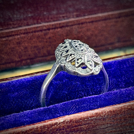 Oval Art Deco Style Openwork Marcasite Cluster Ring
