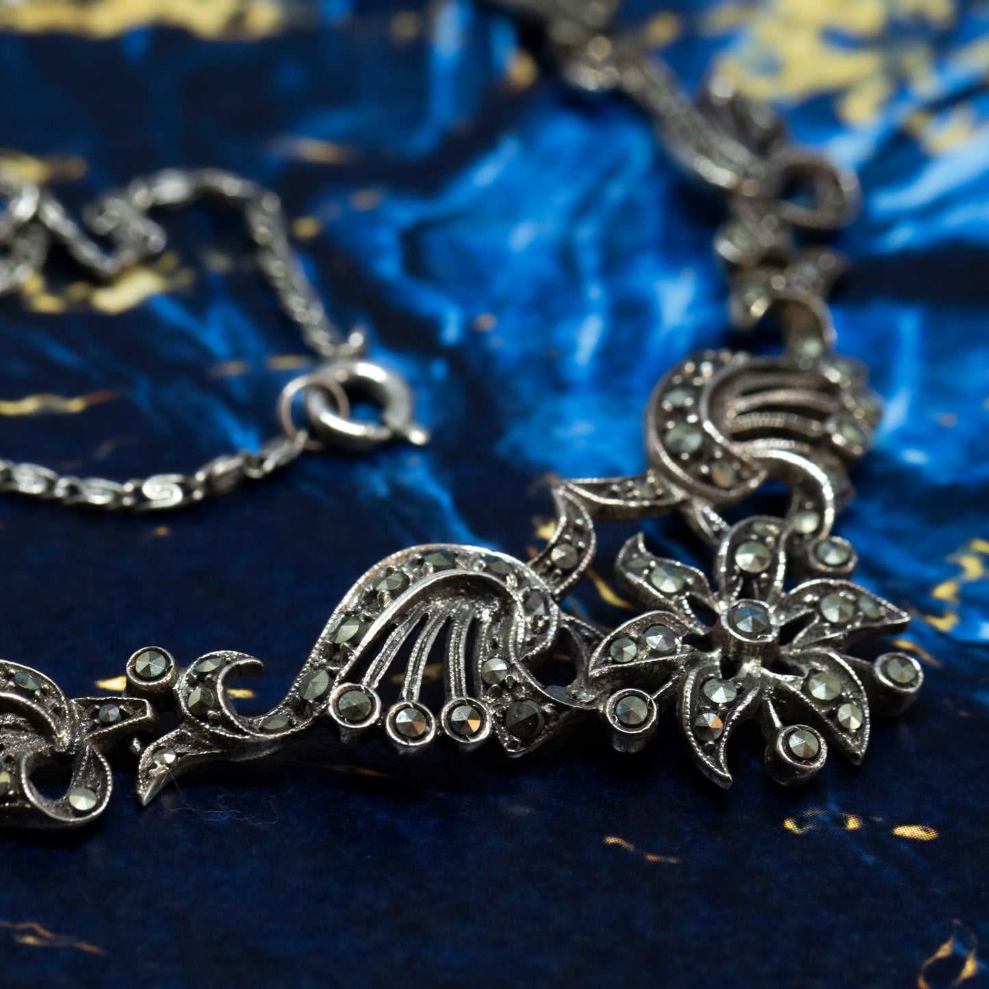 Art Deco Style Floral Design Marcasite Collar Necklace