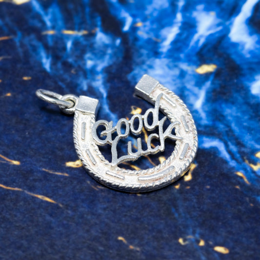 A silver horseshoe pendant which reads "Good Luck" in the centre, on a blue background.
