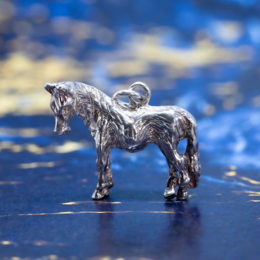 A silver horse pendant on a blue background.