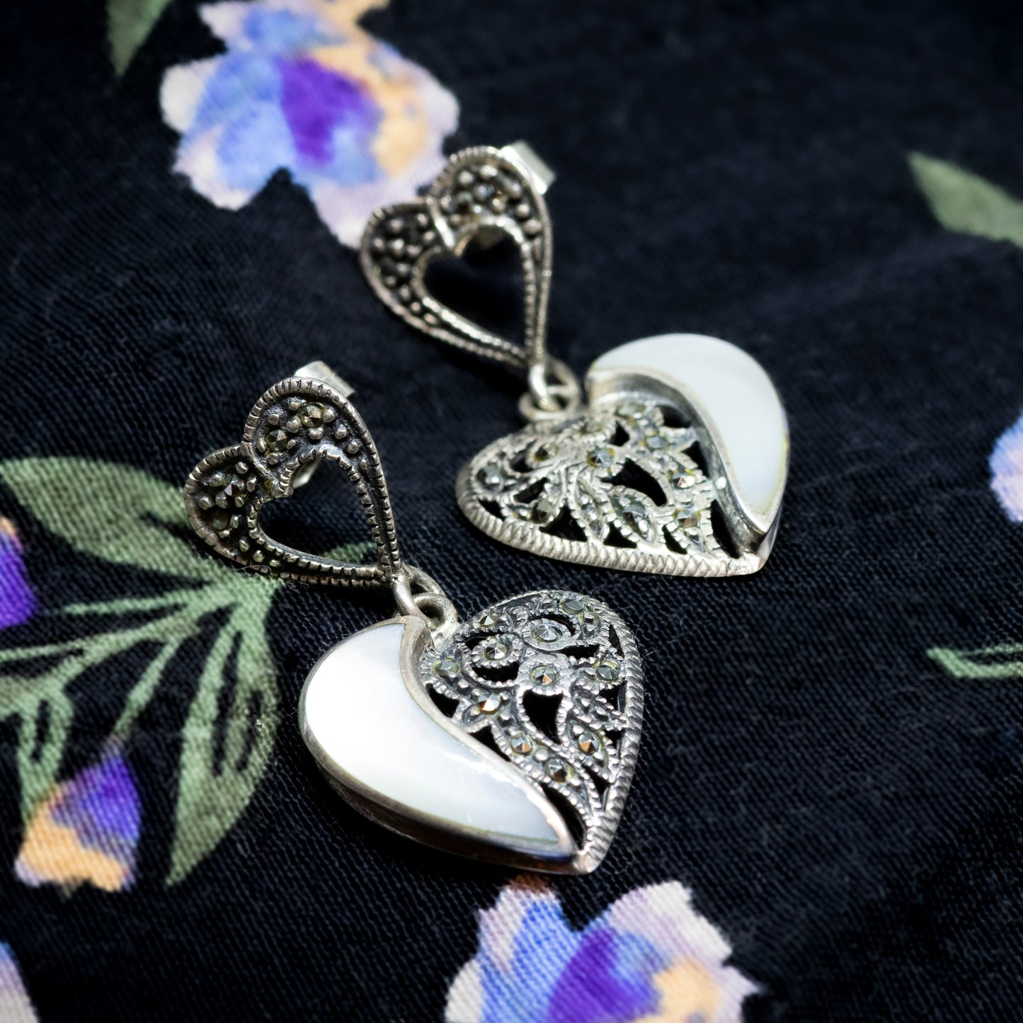 Marcasite & Mother of Pearl Heart Drop Earrings