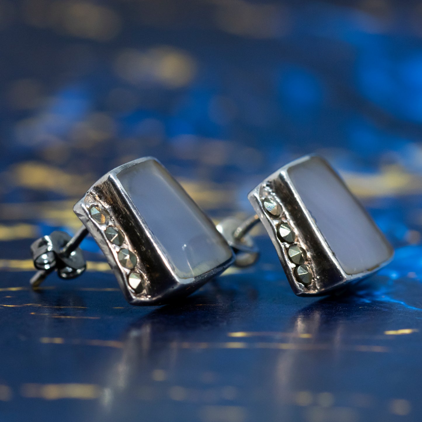 Art Deco Style Geometric White Stone Marcasite Stud Earrings