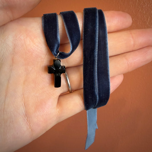 Victorian Jet Carved Cross Pendant on Blue Ribbon Choker