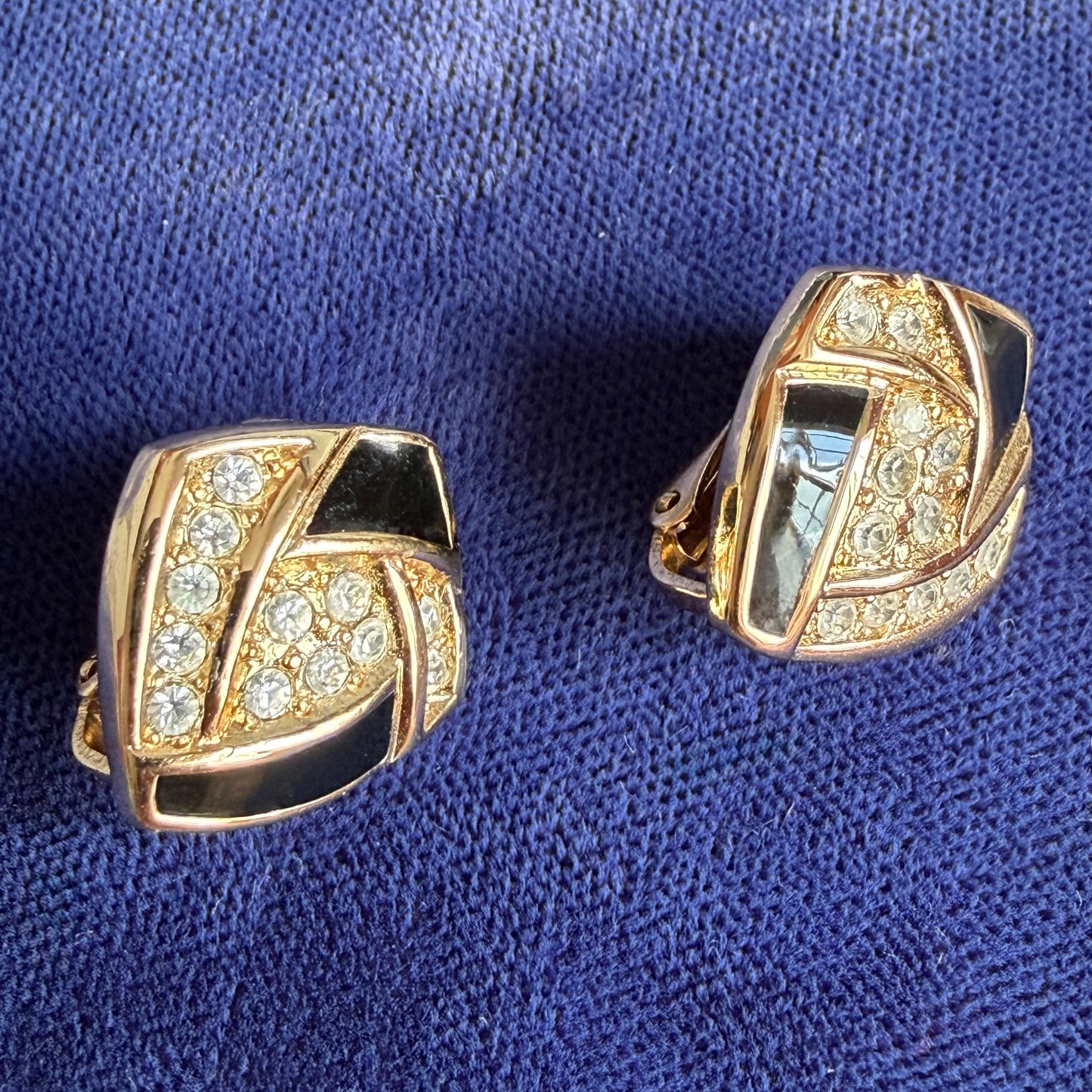 Christian Dior; Vintage Geometric Black Enamel Gilt Coloured Clip-On Earrings