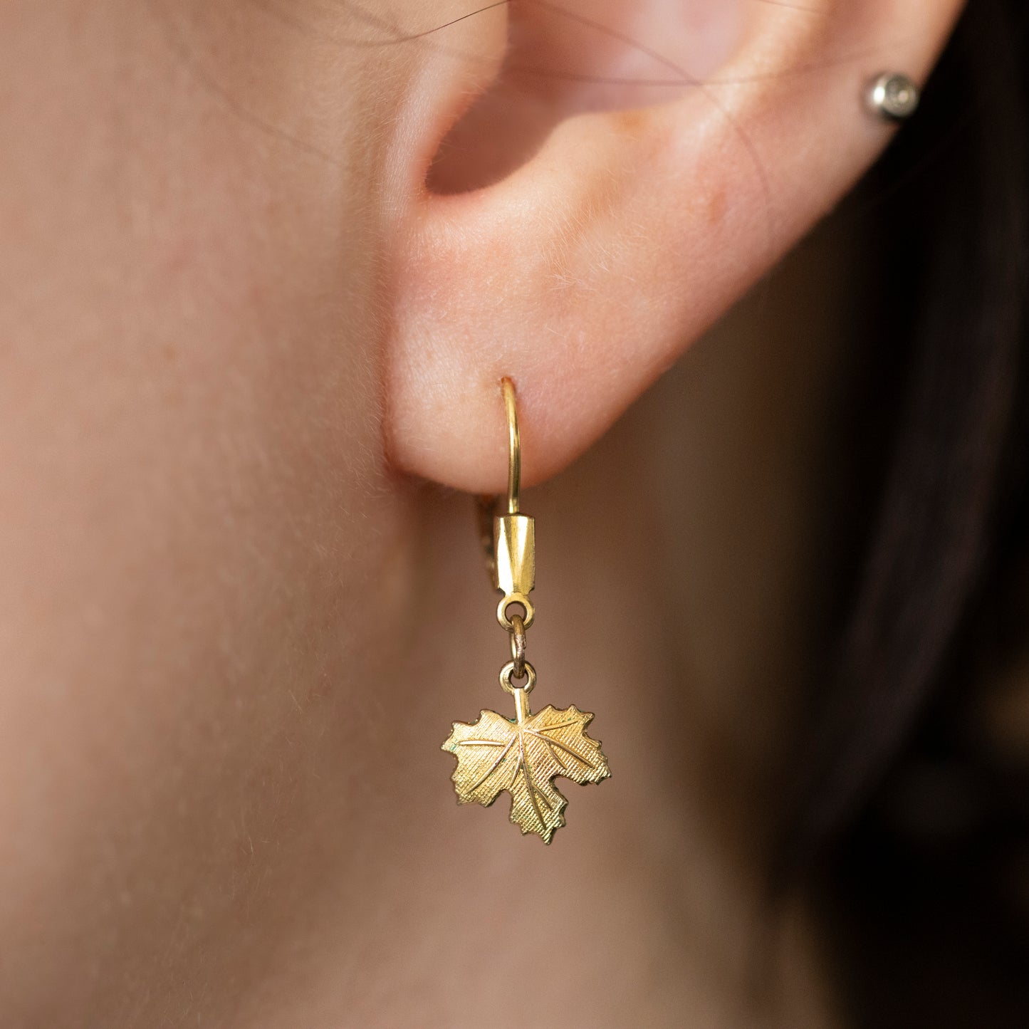 Maple Leaf Hinged Drop Earrings in Rolled Gold