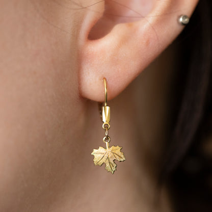 Maple Leaf Hinged Drop Earrings in Rolled Gold