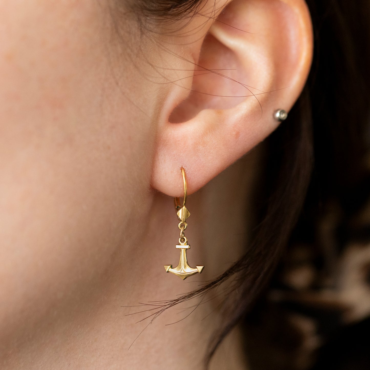 Anchor Hinged Drop Earrings in Rolled Gold