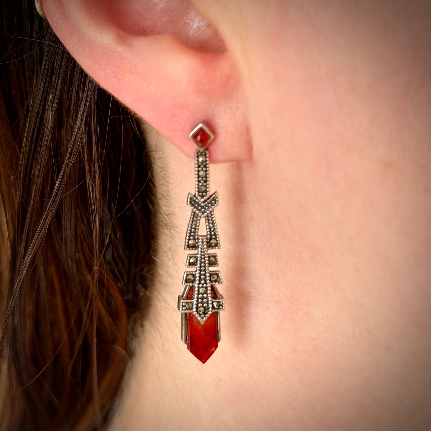 Art Deco Style Red Agate & Marcasite Drop Earrings