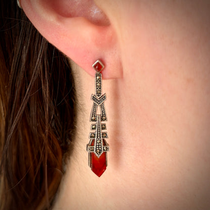 Art Deco Style Red Agate & Marcasite Drop Earrings