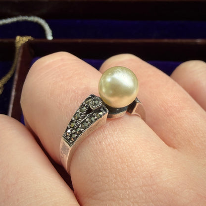 Art Deco Style Imitation Pearl & Marcasite Ring