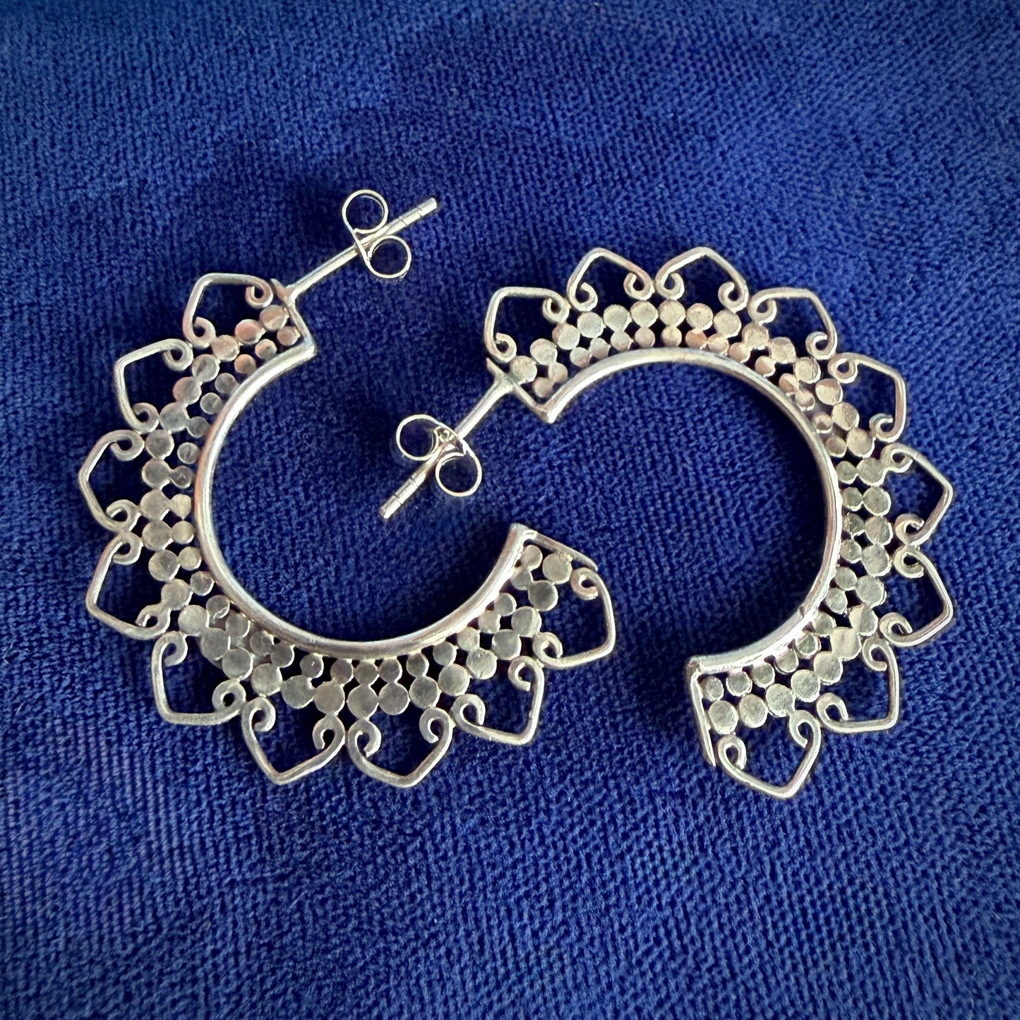 Indonesian Silver Mandala Style Half Hoop Earrings