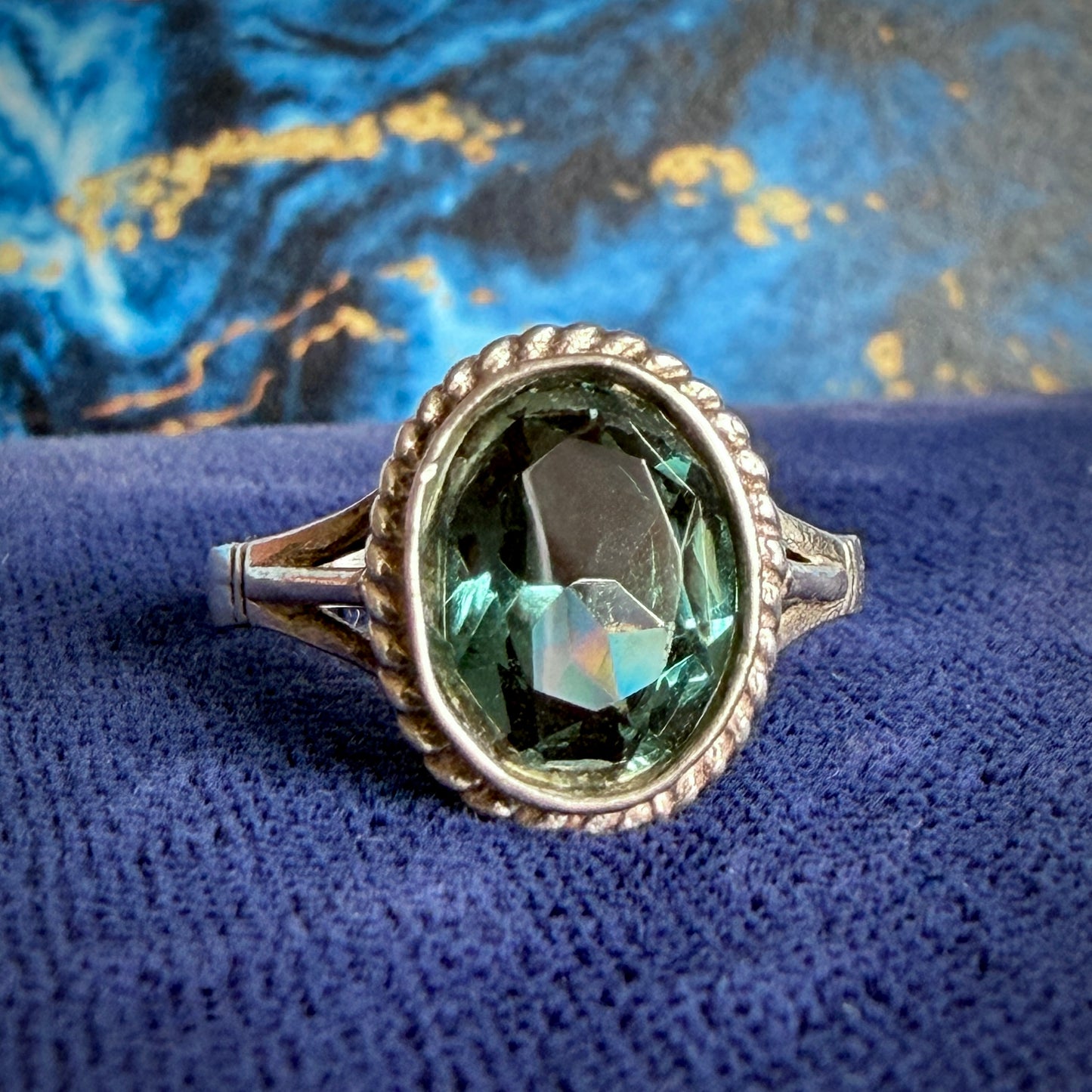 Sterling Silver Teal/Blue Oval Collet Set Single Stone Dress Ring