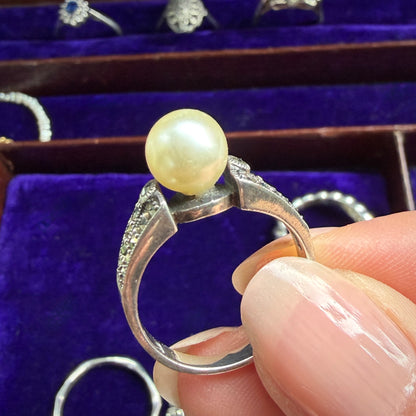 Art Deco Style Imitation Pearl & Marcasite Ring