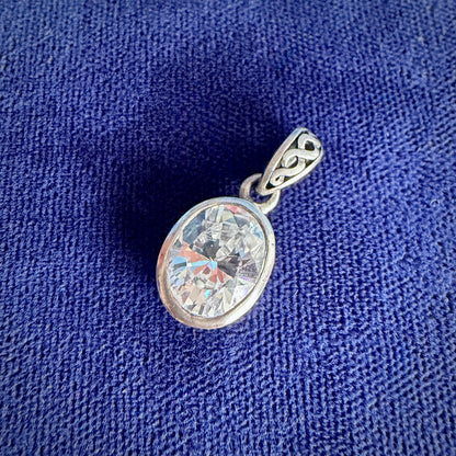 Oval Cubic Zirconia Collet Set Single Stone Silver Pendant