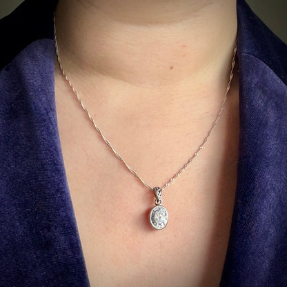 Oval Cubic Zirconia Collet Set Single Stone Silver Pendant