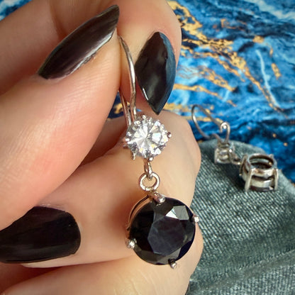 Modern Silver Graduated Claw Set Black & White Drop Earrings