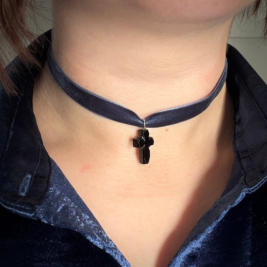 Victorian Jet Carved Cross Pendant on Blue Ribbon Choker