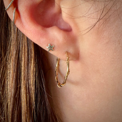 Close-up of an ear wearing gold hoop earrings and a star-shaped earring.