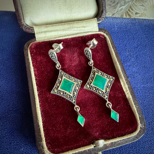 Vintage Style Silver & Marcasite Green Drop Earrings