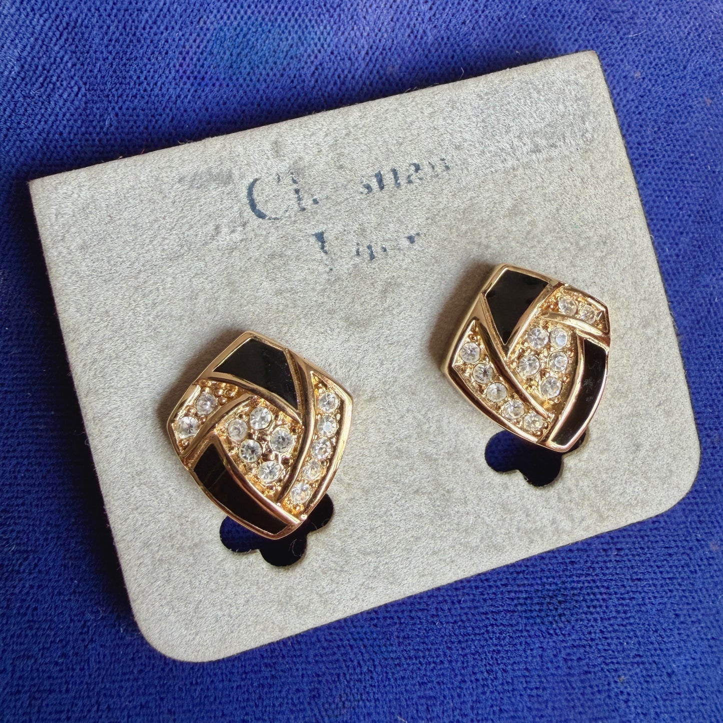 Christian Dior; Vintage Geometric Black Enamel Gilt Coloured Clip-On Earrings