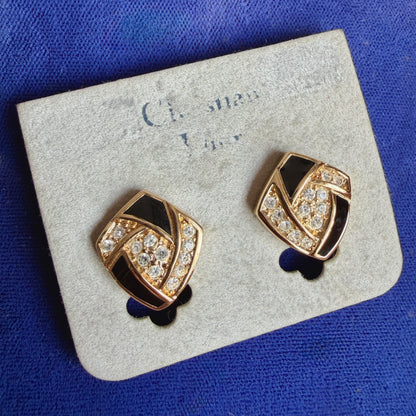 Christian Dior; Vintage Geometric Black Enamel Gilt Coloured Clip-On Earrings