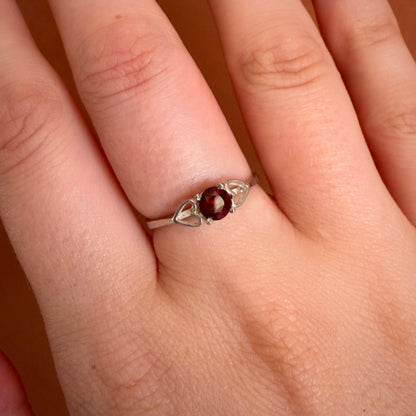 Silver Red Single Stone Ring With Heart Shaped Shoulders
