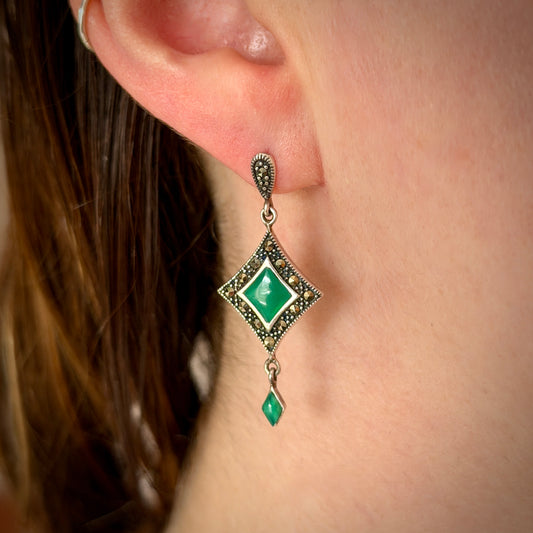 Vintage Style Silver & Marcasite Green Drop Earrings