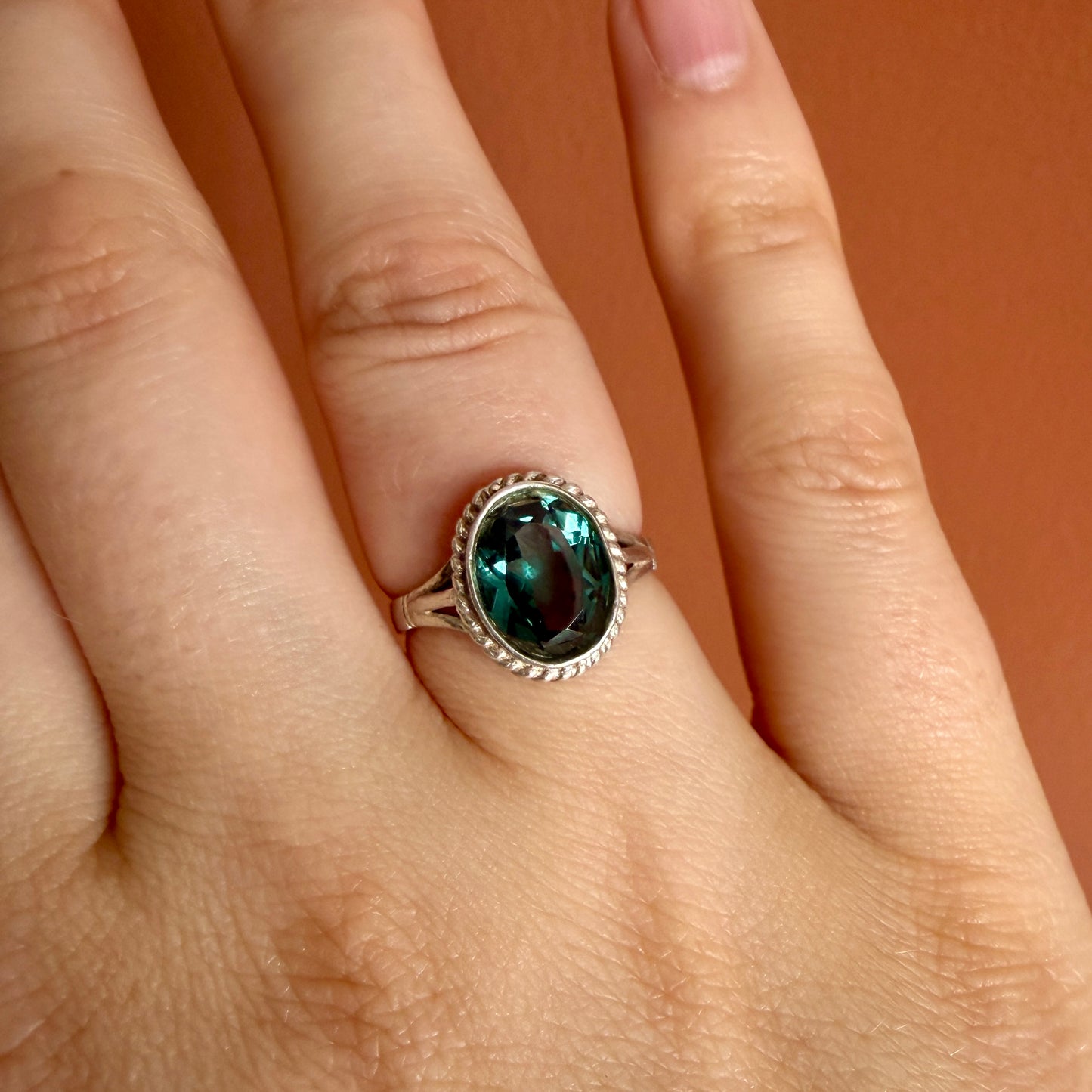 Sterling Silver Teal/Blue Oval Collet Set Single Stone Dress Ring