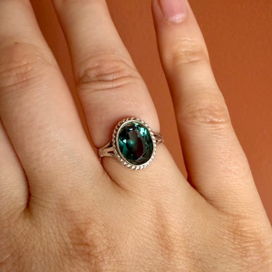 Sterling Silver Teal/Blue Oval Collet Set Single Stone Dress Ring