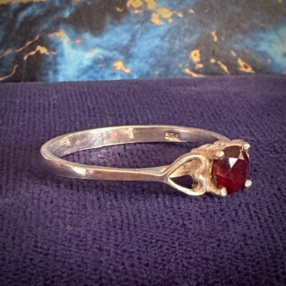 Silver Red Single Stone Ring With Heart Shaped Shoulders