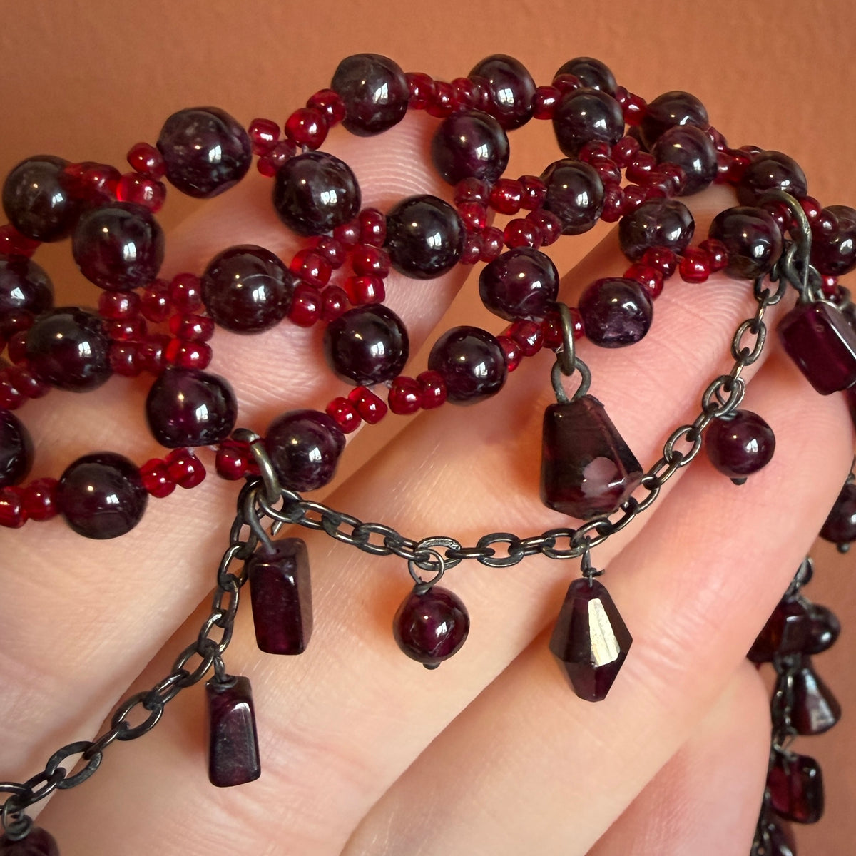 Vintage Red Glass Bead Adjustable Choker Necklace