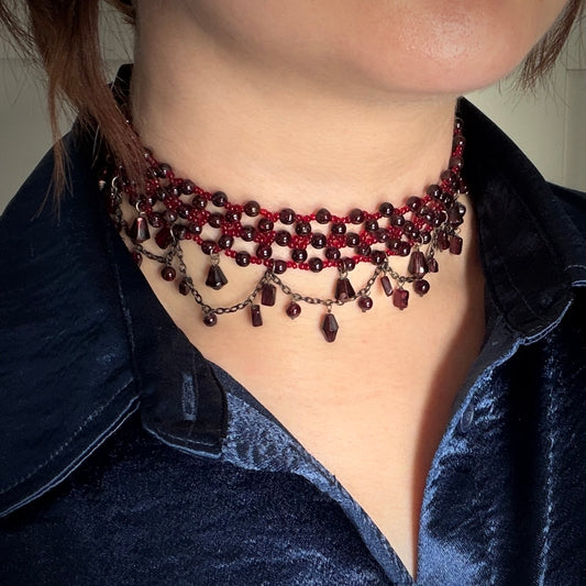 Vintage Red Glass Bead Adjustable Choker Necklace