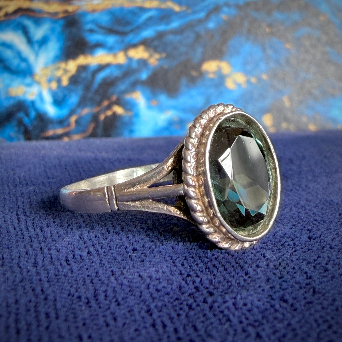 Sterling Silver Teal/Blue Oval Collet Set Single Stone Dress Ring