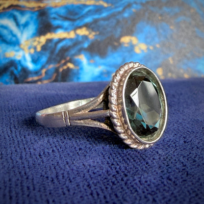 Sterling Silver Teal/Blue Oval Collet Set Single Stone Dress Ring