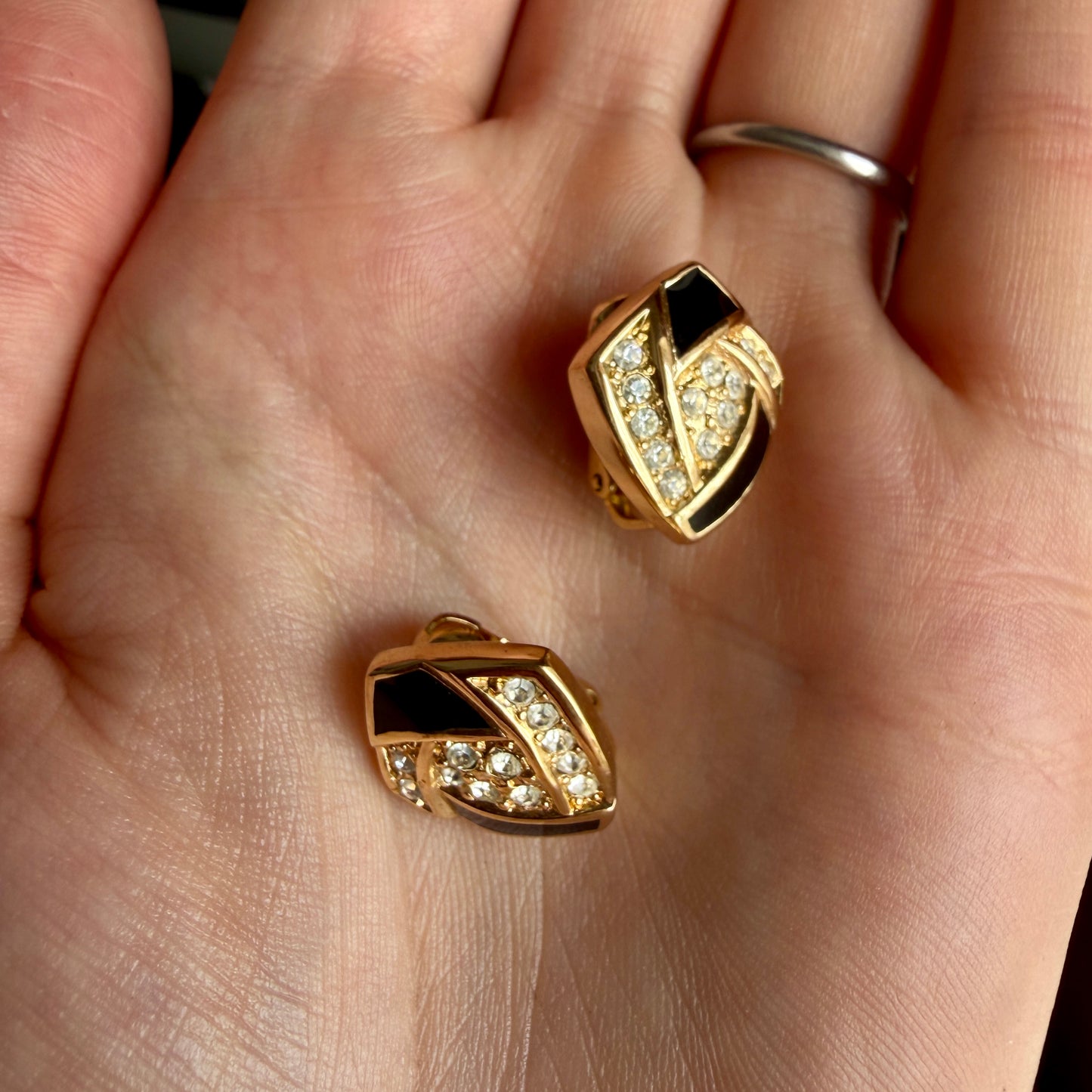 Christian Dior; Vintage Geometric Black Enamel Gilt Coloured Clip-On Earrings