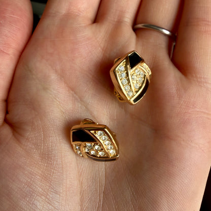 Christian Dior; Vintage Geometric Black Enamel Gilt Coloured Clip-On Earrings