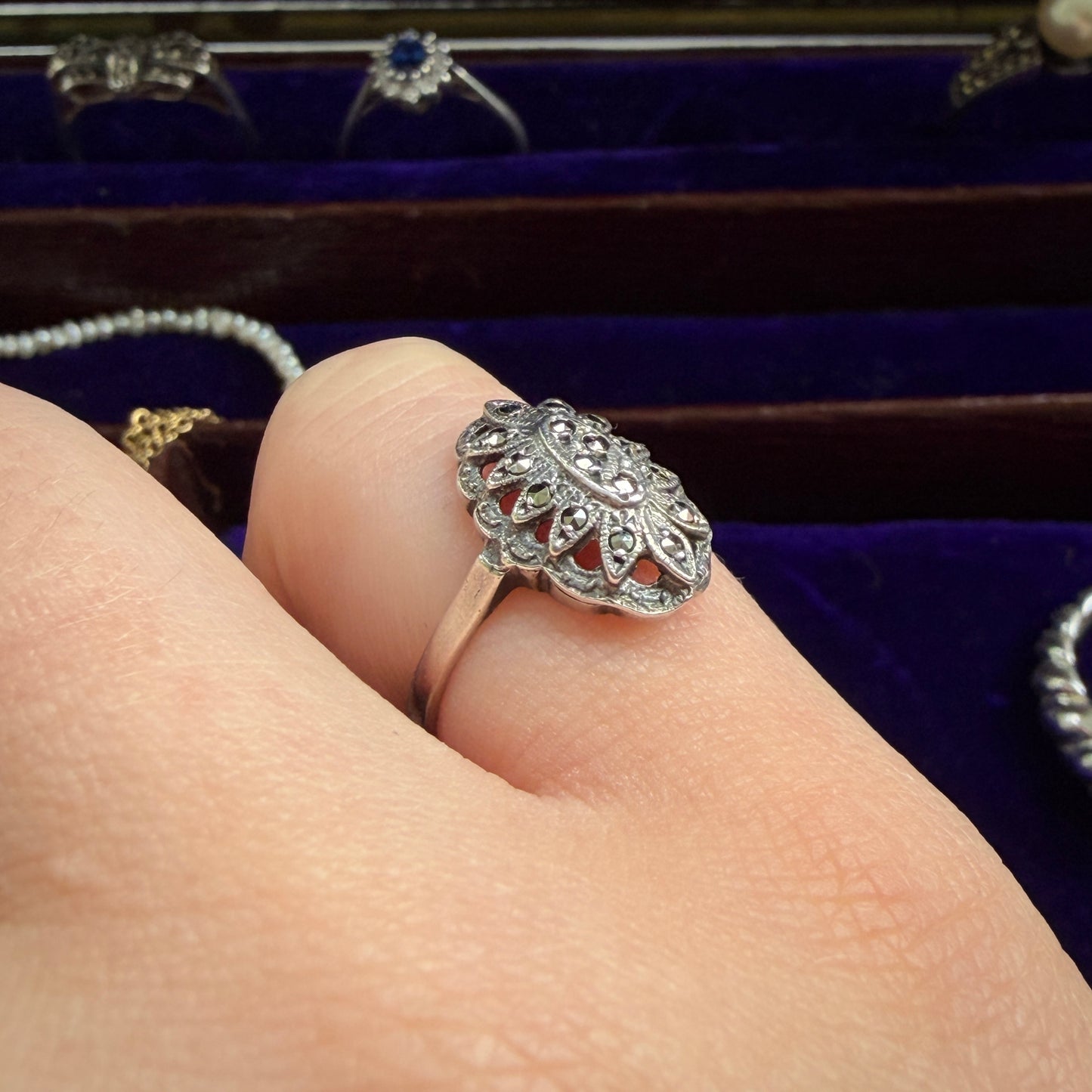 Oval Art Deco Style Openwork Marcasite Cluster Ring