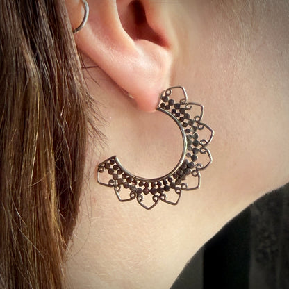 Indonesian Silver Mandala Style Half Hoop Earrings