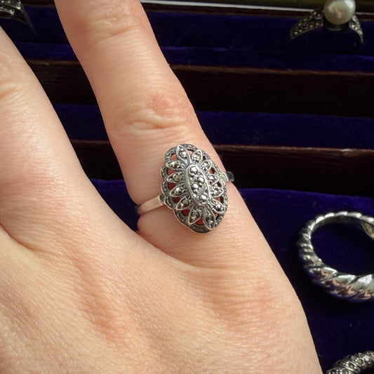Oval Art Deco Style Openwork Marcasite Cluster Ring