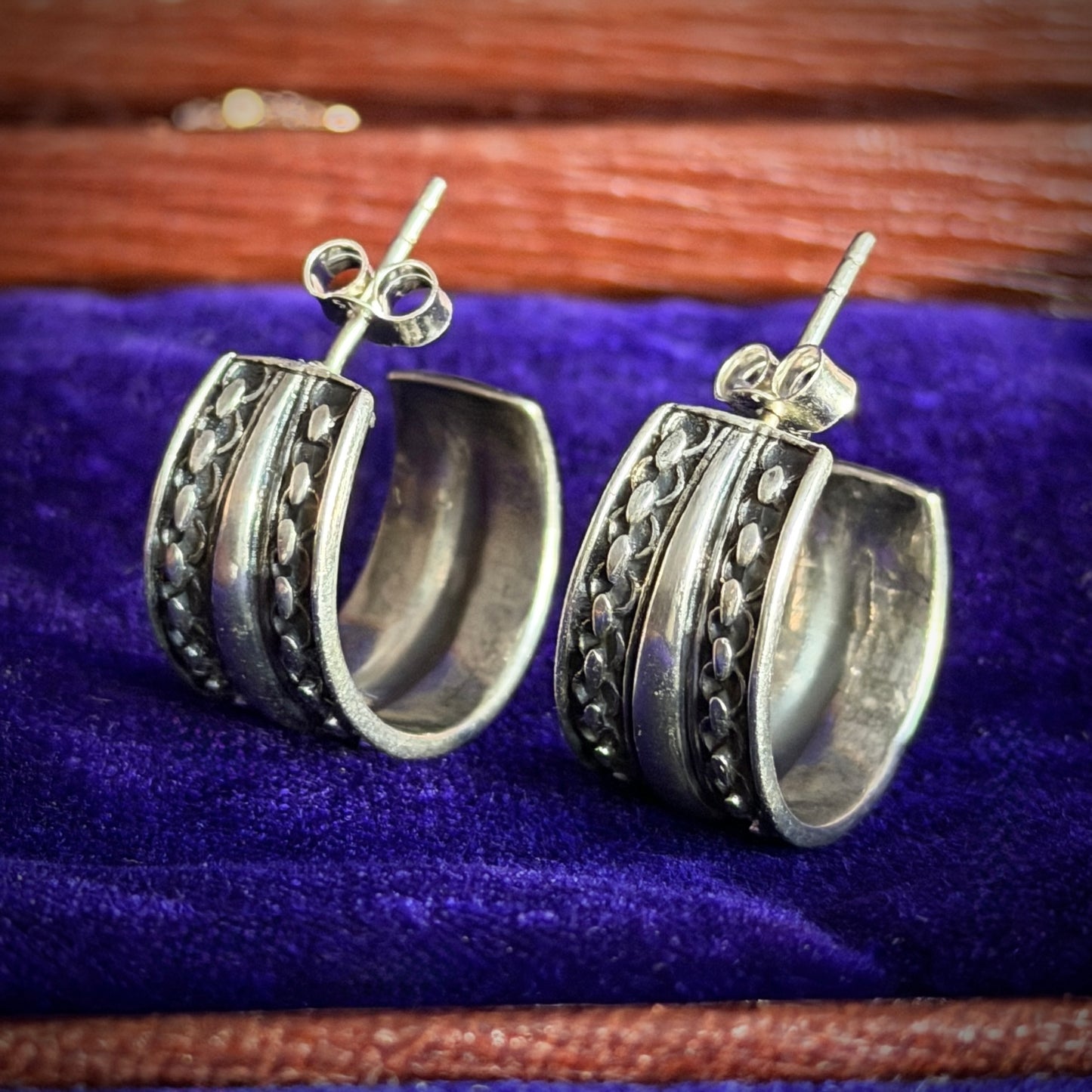 Chunky Silver Patterned Hoop Earrings