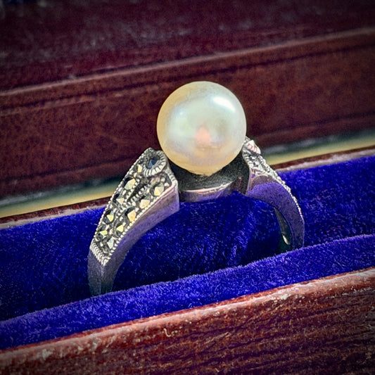 Art Deco Style Imitation Pearl & Marcasite Ring
