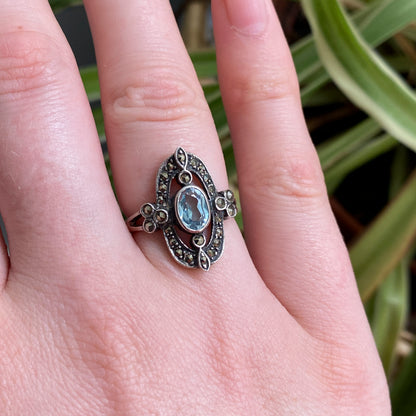 Edwardian-Style Blue Topaz & Marcasite Cluster Ring