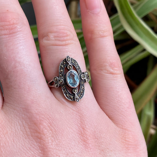 Edwardian-Style Blue Topaz & Marcasite Cluster Ring
