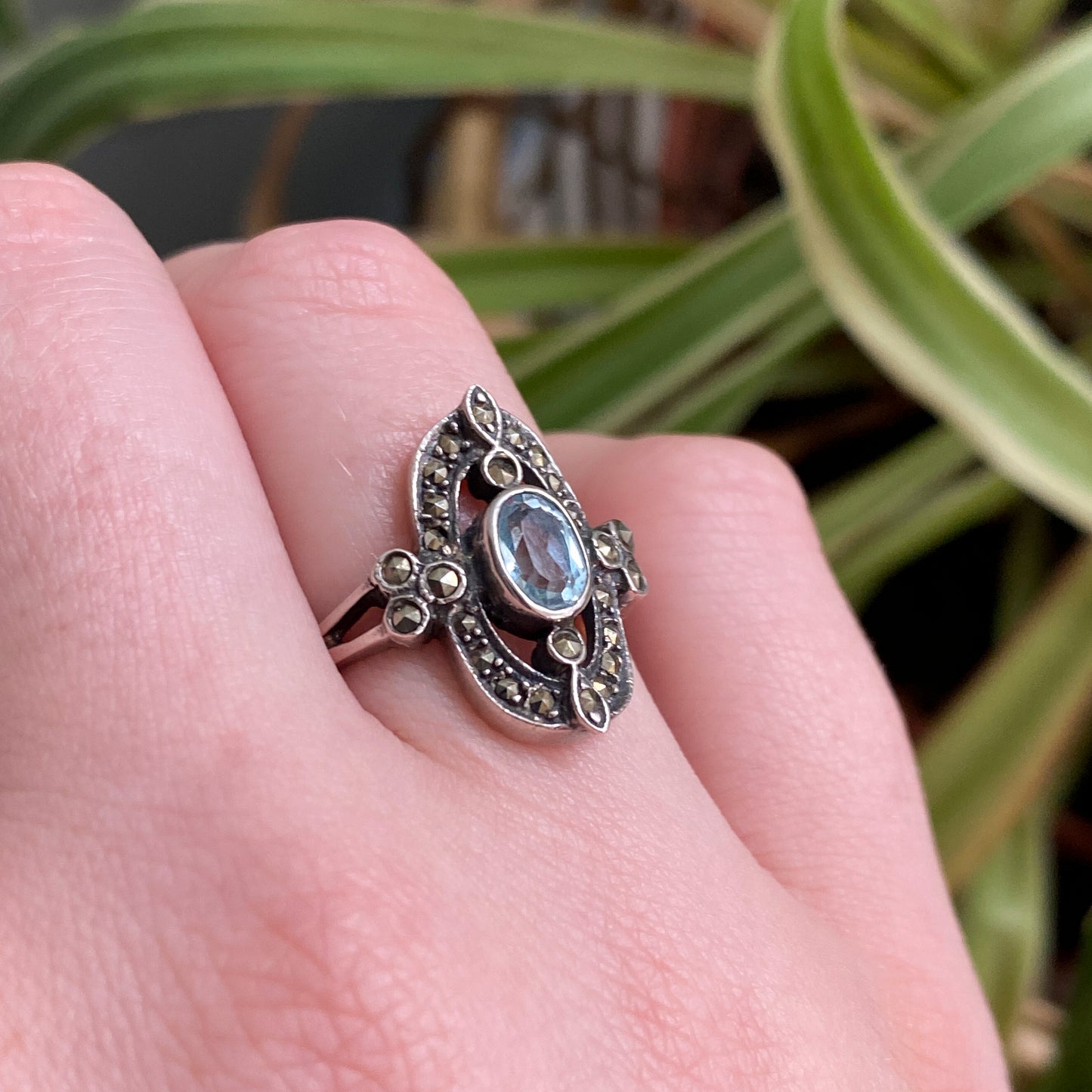 Edwardian-Style Blue Topaz & Marcasite Cluster Ring