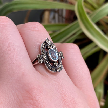 Edwardian-Style Blue Topaz & Marcasite Cluster Ring