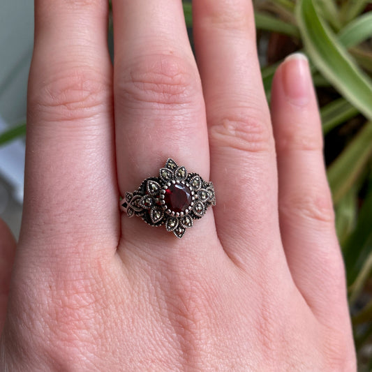 Vintage-Style Garnet & Marcasite Floral Cluster Ring