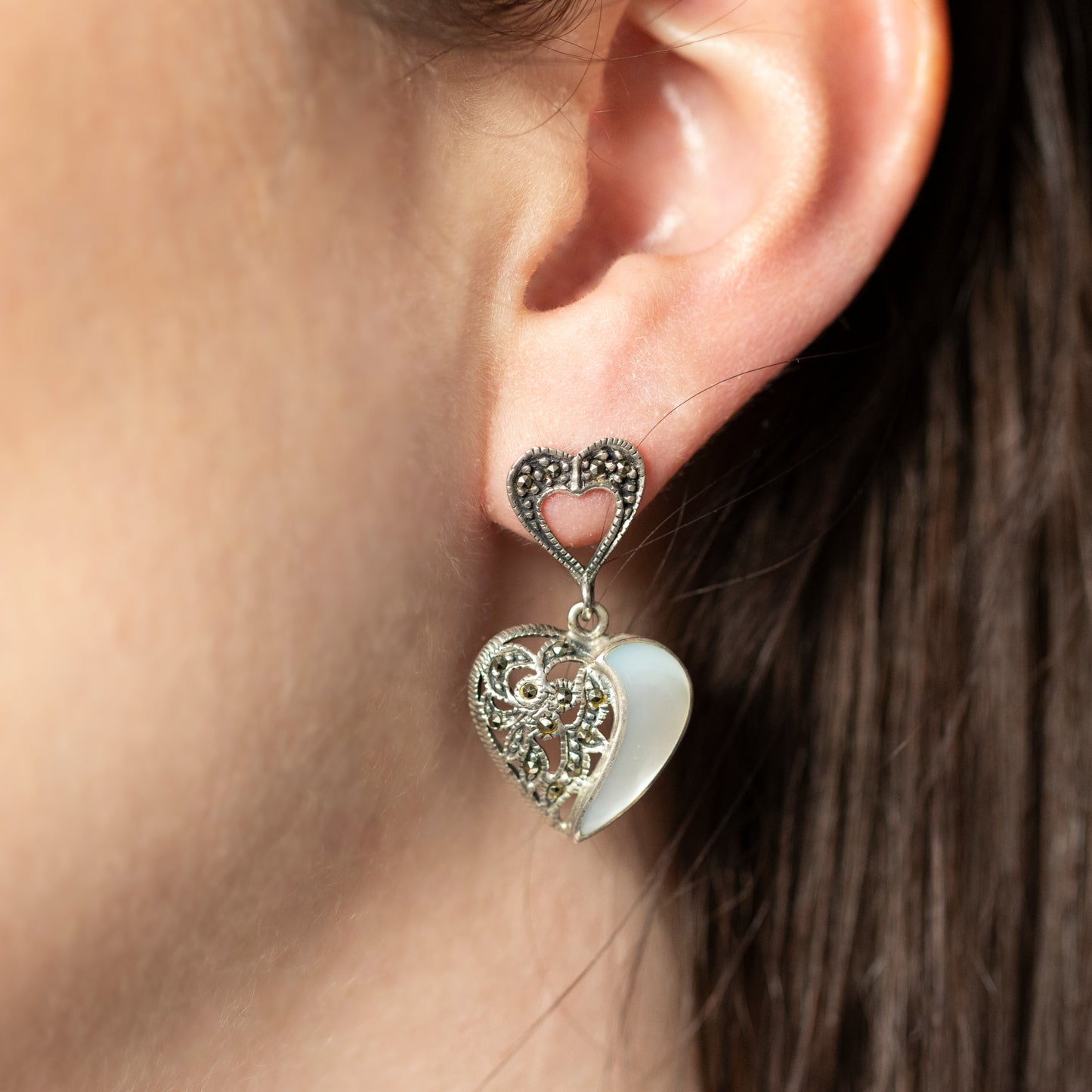 Marcasite & Mother of Pearl Heart Drop Earrings